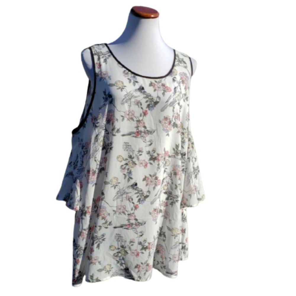 MOTHERHOOD MATERNITY Mini Dress White Floral Birds Print Cold Shoulder Tunic 2X
